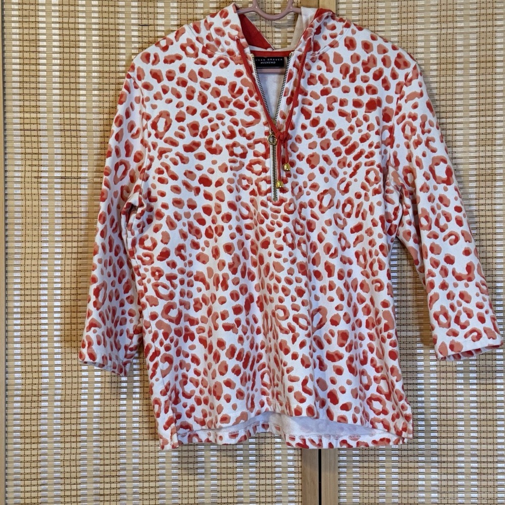 Susan Graver Weekend Womens M Hoodie Orange White Animal Activewear Leisure